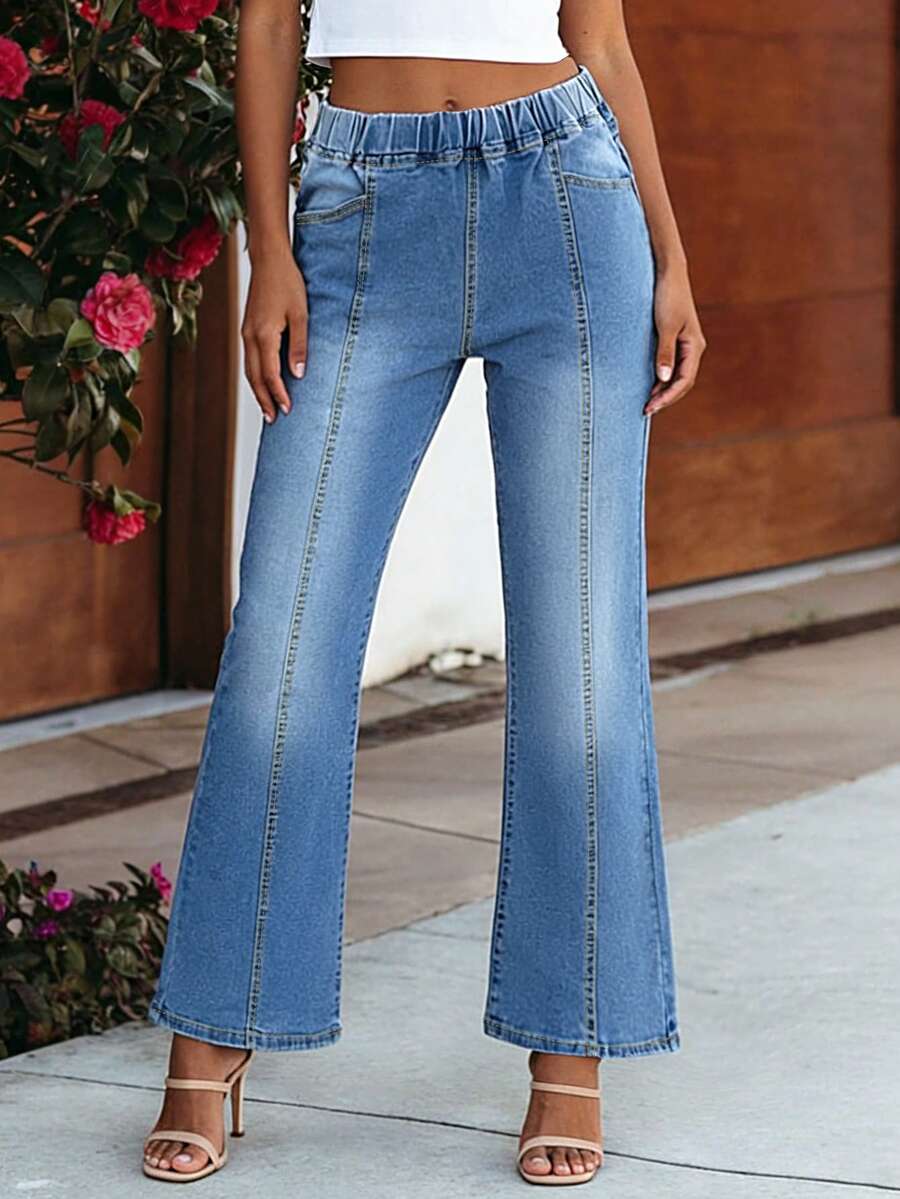 Jeans de tiro alto y pierna acampanada de estilo casual y minimalista para uso diario - Azul lavado medio - Ver 1