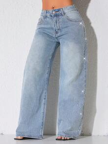 低腰阔腿休闲黑色牛仔裤，带斜插口袋和装饰串珠 - 淺藍色 - 查看 5