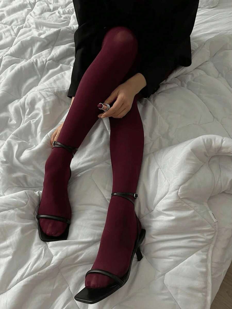 1双女士120D天鹅绒酒红色不透明连裤袜，冬季优雅之选 - 酒紅色 - 查看 1