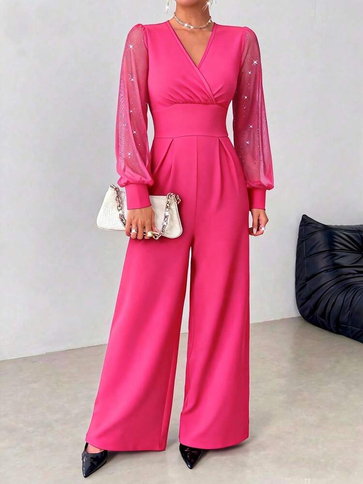 优雅女士连体裤，精致黑色V领长袖，直筒裤型，透视网纱拼接，铆钉装饰，可机洗，尽显春季优雅风范 - 玫紅色 - 查看 3