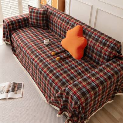 1件复古美式格子多功能防滑沙发套毯，带流苏