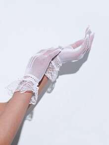 1 Pair Mesh Lace Trim Gloves (Floral Pattern And Placement On Gloves Are Random) - White - View 6