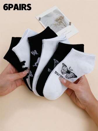 6 pares de calcetines de tobillo diarios para mujer, con patrón de mariposa de dibujos animados, transpirables y cómodos, en color negro y blanco, para primavera/otoño