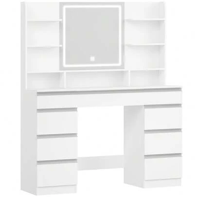 HEXCELEN Dressing Table With LED Light, Vanity Desk With 1 Large Drawer And 8 Small Drawer Cabinets, Adjustable Brightness, Large HD Mirror, 9 Open Storage Areas