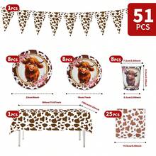 51/25/8/1pc Cute Highland Milk Cow Pattern Farm Disposable Plates, Napkins, Cups, Tablecloth And Bunting Set, Party Supplies Set Suitable For 8 Guests, Disposable Paper Plates Party Tableware Suitable For Birthday, Wedding, Theme Party, Family Picnic - Multicolor - View 2