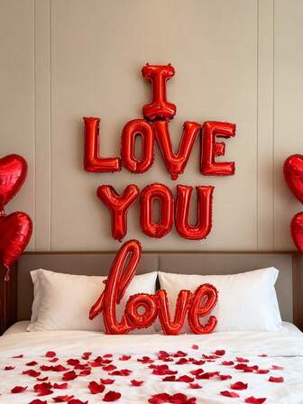 8pcs/Set I Love You Decorative Balloons Banner, Gold, Silver, Red I LOVE YOU Foil Balloons Banner, Suitable For Valentine's Day, Proposal, Anniversary, Party Theme Events, Romantic Atmosphere Decoration For Valentine's Day 2026, Proposal, Confession, Birthday, Wedding Party