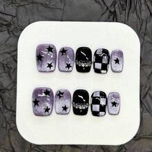 10Pcs Black Stars Pattern Short Square Fake Nails For Stage Performance Wear - XS - Xem 3