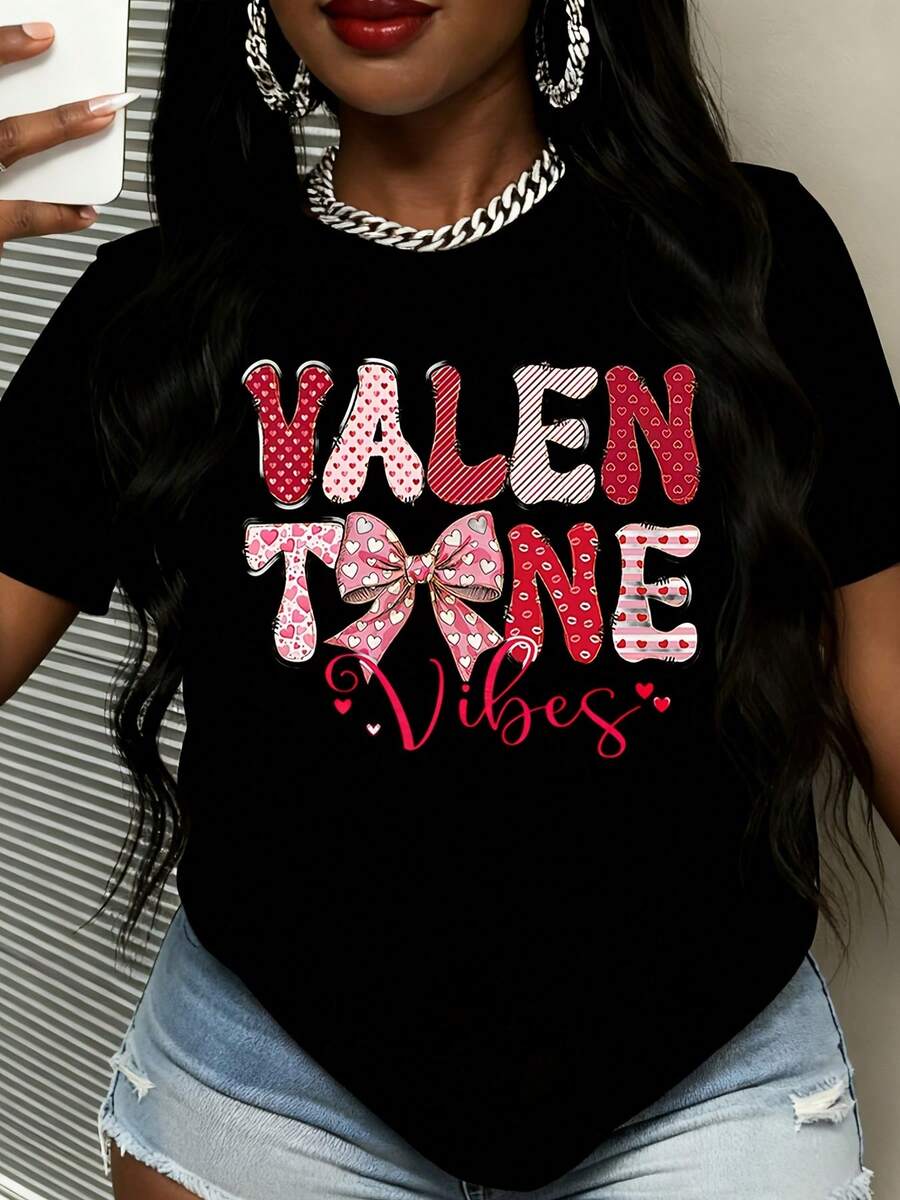 Valentine Vibes T Shirt Women Valentine Day Cute Heart Pattern Bow Design Graphic Tee Romantic Fashion Top Holiday Gift For Her - 黑色 - 查看 1