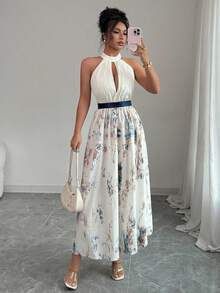 1pc Elegant Woven Fabric Pleated Dress, Suitable For Vacation, Daily Wear, Beach, All Seasons - Blue and White - View 4