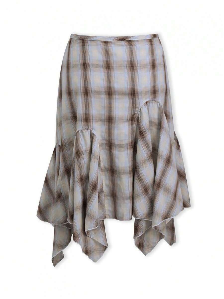 Women Plaid Skirt, Elegant Vintage Irregular Loose Summer Midi Skirt For Casual Daily - 彩色 - 查看 1