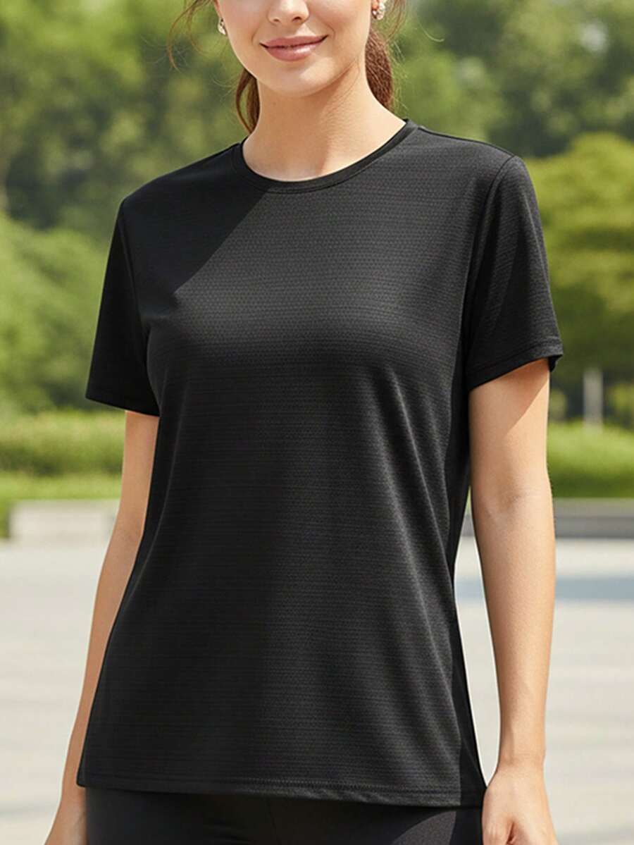 Women's Quick Dry Short Sleeve Basic T-Shirt, Classic Plain Black Activewear For Outdoor Training - Black - View 1