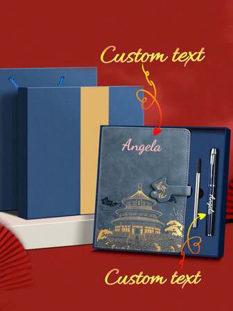 Anteckningsbok i A5-format med anpassad text/logotyp, presentset, inkluderar anteckningsbok + penna + refill + presentask. Anteckningsbok och penna kan anpassas med önskad text. Finns som separat anteckningsbok eller komplett set. Premium anteckningsbok i konstläder med präglad landskapsdesign, 100 sidor, mjukt PU-omslag.