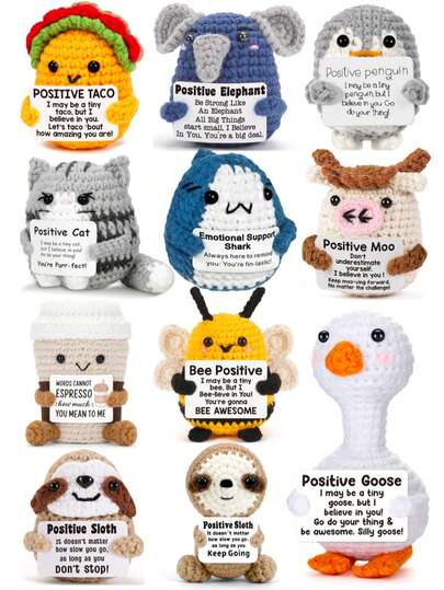 Mini Positive Energy Crochet Animals, Fun Inspirational Birthday Gift For Women, Men, Friends, Colleagues, Shark, Duck, Cat Designs, Includes Positive Energy Card, Warm And Cute Decor For Birthday, Christmas, Valentine's Day