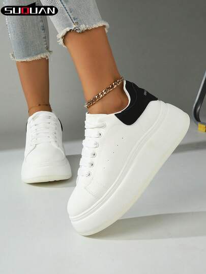 2026 New Women's Platform White Sneakers, 5cm Elevating Color-Block Style, Versatile Casual Board Shoes With Platform Sole, Leg-Slimming & Daily Commuter Shoes