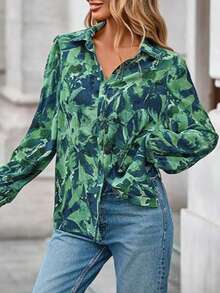 Women's Floral Print Button-Down Lantern Sleeve Bohemian Blouse