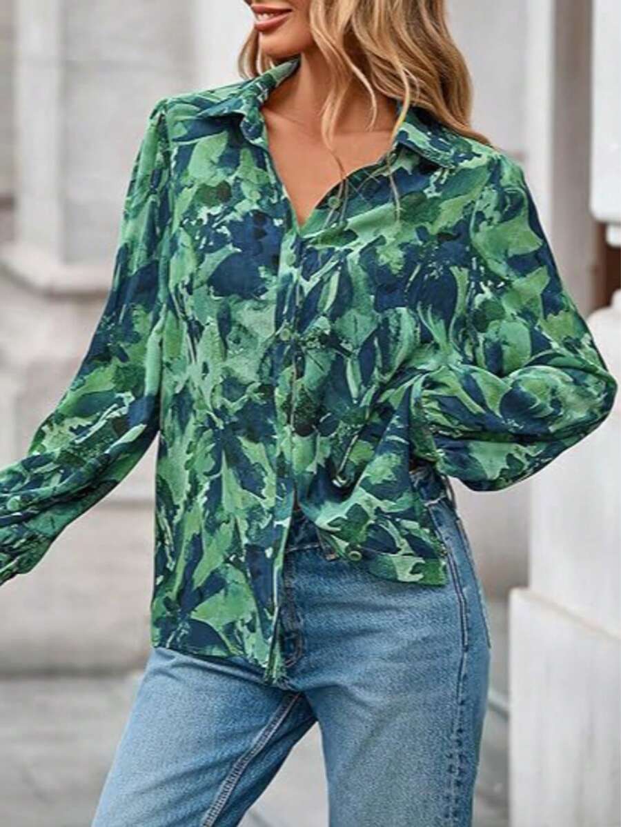 Women's Floral Print Button-Down Lantern Sleeve Bohemian Blouse - Green - View 1