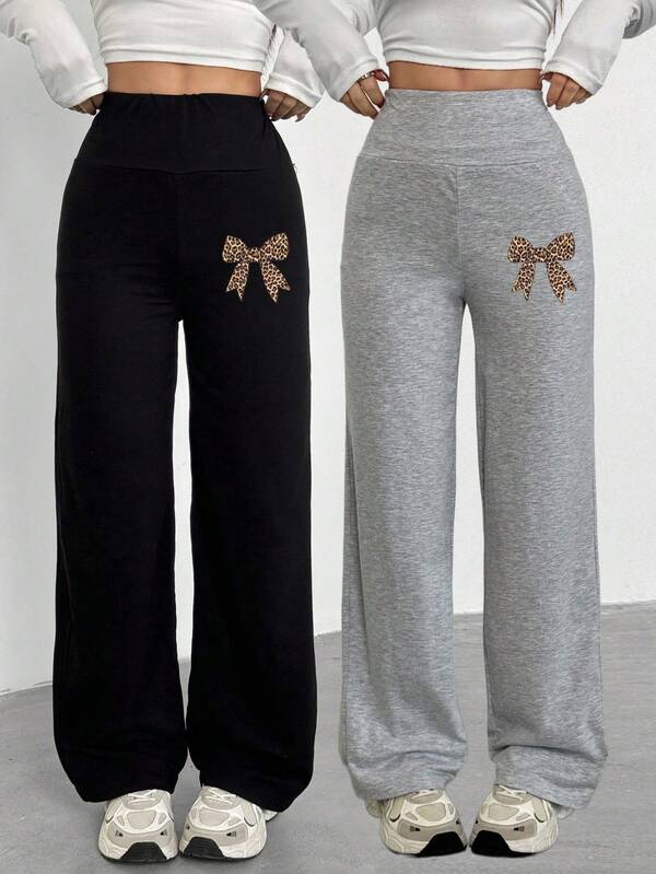 2pcs Women's Bow Print Straight Leg Pants