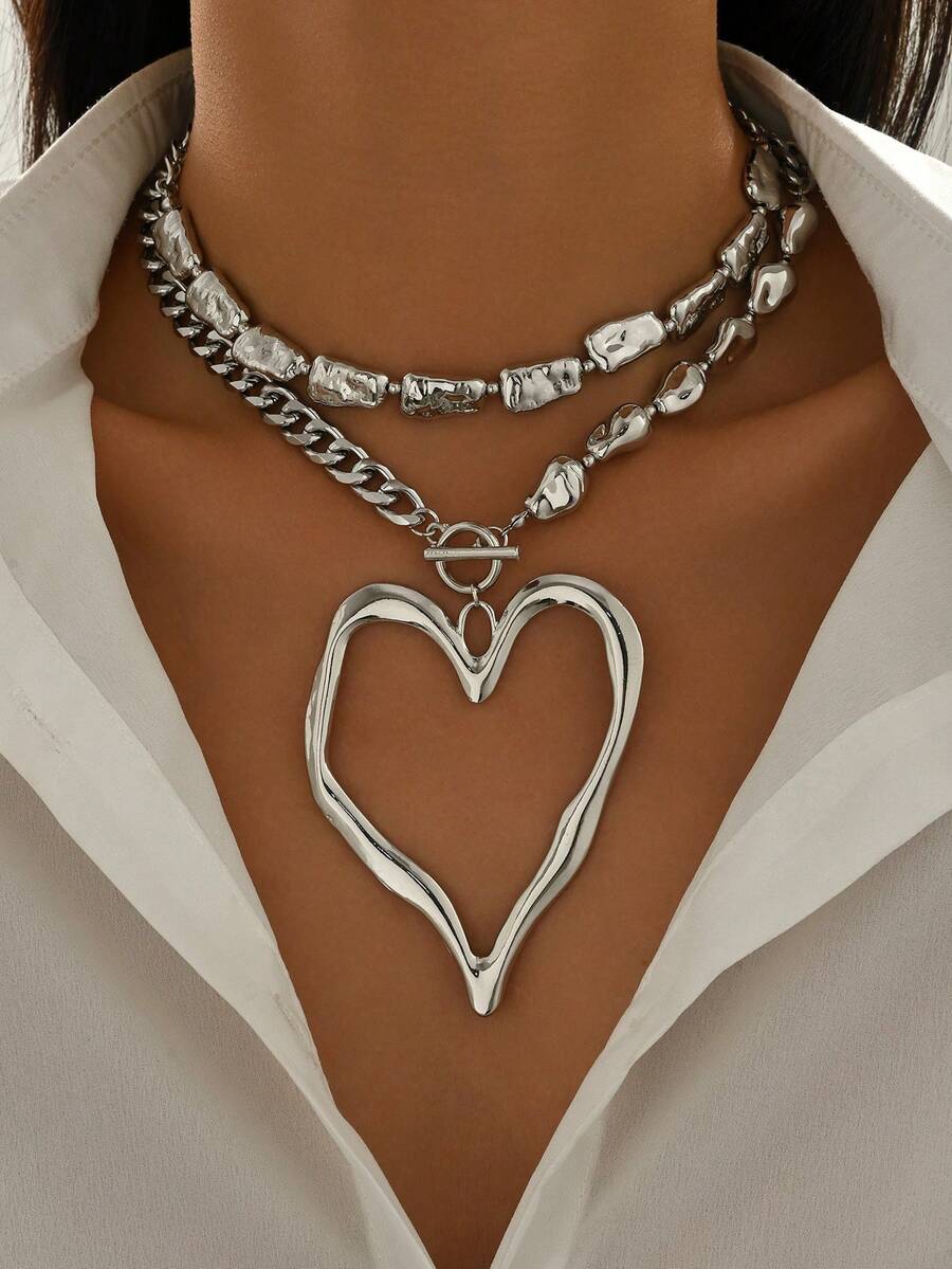 2pcs Vintage Exaggerated Fashion Metal Heart Pendant Necklace, Irregular Faux Pearl Necklace, Women Daily Wear & Beach Holiday Party Decorative Charm Jewelry Set Gift - Silver - View 1