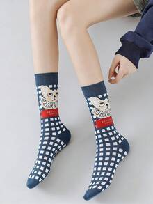 1/4 Pair Retro Oil Painting Pattern Mid-Calf Socks, Cartoon Design Socks, Versatile & Comfortable All Season Casual Socks For Women