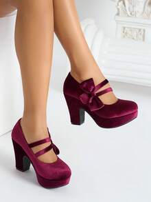 Tacones gruesos cerrados de mujer de tacón bajo, zapatos de trabajo de punta redonda, zapatos Mary Jane con lazo, zapatos formales cómodos de mujer, regalo de Navidad. Se recomienda pedir una talla menos. - Burdeos - Ver 10