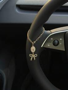 1个方向盘装饰品，15厘米可调节长度，简约可爱，创意念珠吊坠汽车配件，独特时尚汽车挂件装饰 - 白色橢圓盤+蝴蝶結 - 查看 4