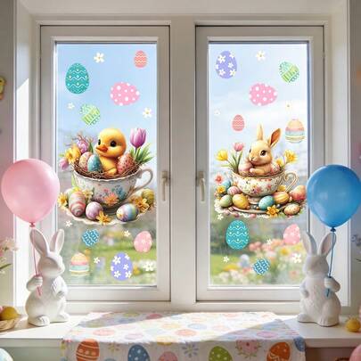 1张复活节兔子和彩蛋贴纸，易撕易贴窗贴，卡通设计，适用于卧室、浴室、厨房窗户装饰，节日窗户装饰，欢乐复活节主题