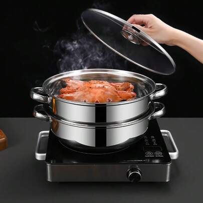 3-Layer Stainless Steel Steamer Set With Glass Lid, Fast Cooking, Durable Non-Stick, Perfect For Family Cooking, Party Essential