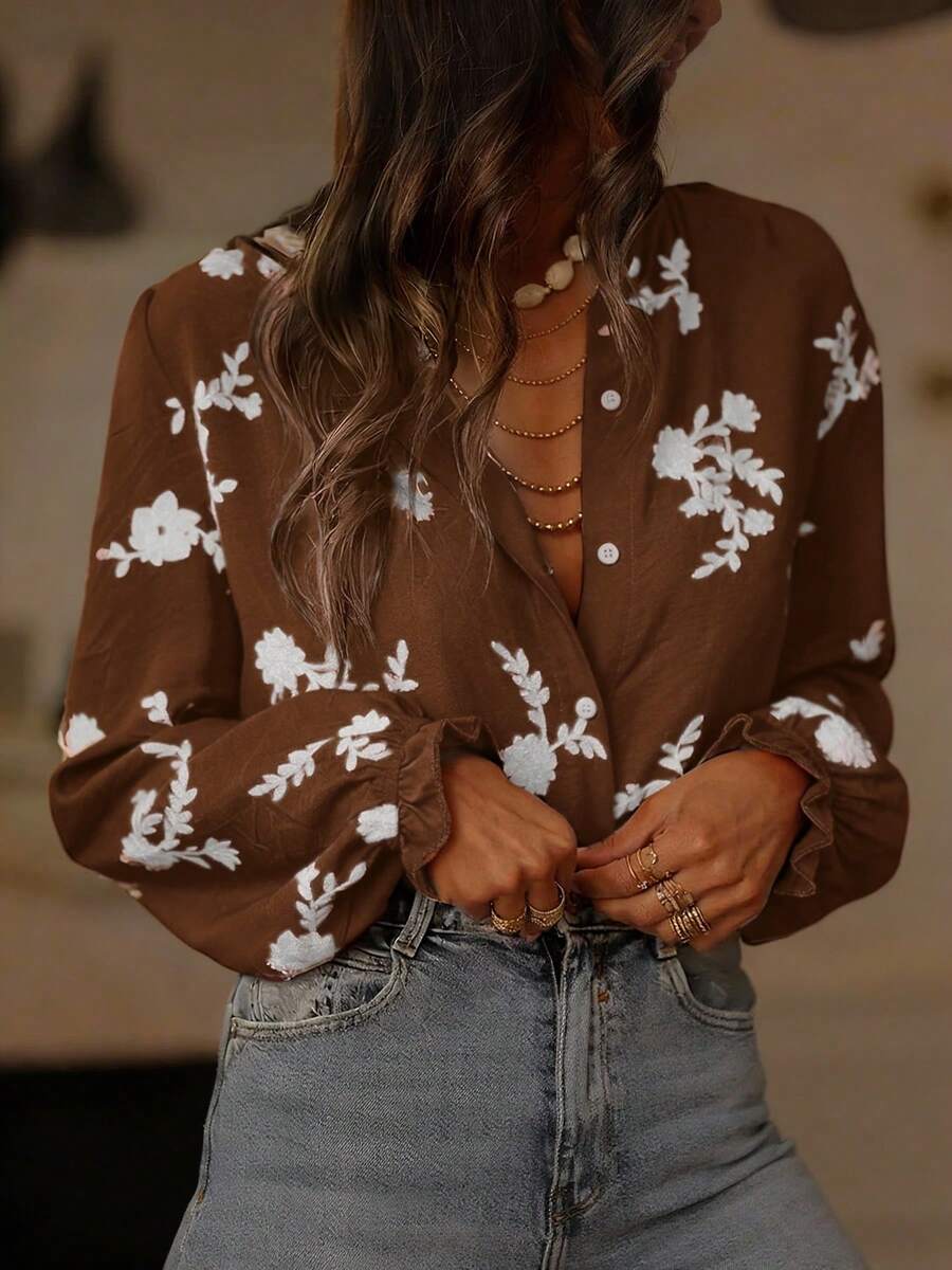 Bestselling Vintage Style Embroidered Ruffle Hem Women Blouse, Floral, Leaf Print, Botanic Button Embroidery Decor, Casual Vacation Spring - Mocha Brown - View 1
