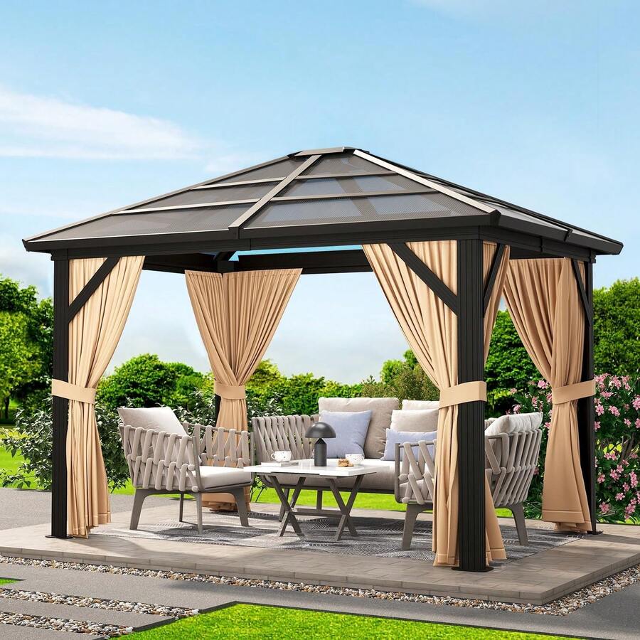 Studyset 10x10FT Canopy Gazebo With Netting And Curtains, Anti-UV, Hardtop Outdoor Canopy Aluminum Frame Permanent Gazebo, Polycarbonate Garden Tent For Patio, Lawn, Backyard, Deck - Black-10x10FT - 查看 1