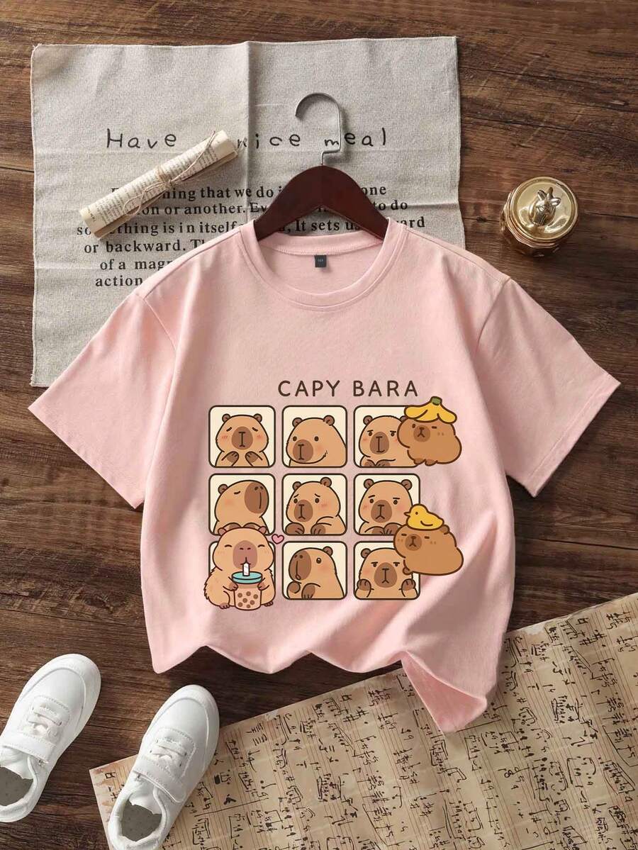 Tween Girls' Capybara Print Crew Neck T-Shirt, Summer Top - Pink - View 1