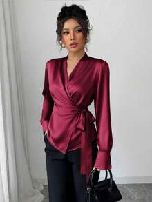 Women's Shiny Fabric Shirt With Side Tie And Puff Sleeve, Versatile And Stylish Fall Cloth For Women Spring - Purple Rose Red - View 4