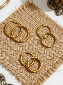 3对女士不锈钢粗环耳环，18K镀金时尚精致粗环耳环，实心管状金耳环套装（3对 - S/M/L） - 金黃色 - 查看 1