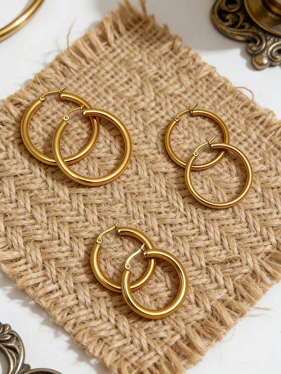 3对女士不锈钢粗环耳环，18K镀金时尚精致粗环耳环，实心管状金耳环套装（3对 - S/M/L） - 金黃色 - 查看 1