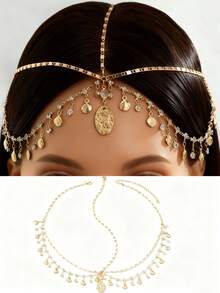 1pc Bohemian Style Shell & Crystal Headband Hair Accessory For Women, Metal Chain Hair Jewelry, Party Headpiece (Handmade Chain Cut To Size, Varying Number Of Crystals And Shells) - 28467 Gold - View 8