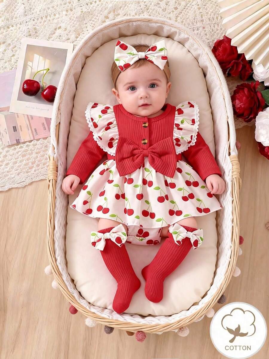 Conjunto de 3 piezas de body y diadema con lazo para bebé niña recién nacida, con diseños lindos de hombre de jengibre y árbol de Navidad en estilo de remiendo acanalado rojo, adecuado para Navidad - Rosa Roja - Ver 1
