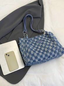 Sac fourre-tout pour femmes, sac à bandoulière en canevas à carreaux bleus, sac à main souple de grande capacité, mode et minimaliste, convient pour le shopping et les déplacements - Bleu azur - Voir 10