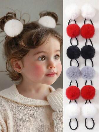 2pcs/Set Girls Autumn/Winter Fluffy Pompom Plush Cute Princess Big Circle Ponytail Elastic Hair Ties, Hair Accessories For Daily Use (Due To Photography, Lighting, Display, Etc., The Product May Have Slight Color Differences, Please Refer To The Actual Product)