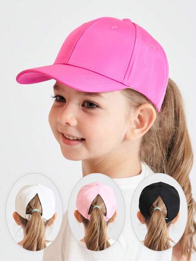 1pc Girls Ponytail Baseball Cap, Suitable For 4-12 Years Old Children - Adjustable Kids Outdoor Sun Hat, Multifunctional Truck Cap, Ponytail Hole At Back, Cute Solid Color Dad Hat, Suitable For Girls Daily Play And Travel