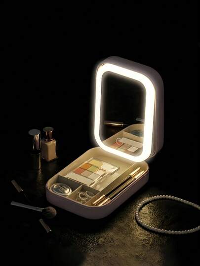 Large Capacity Cosmetic Storage Box With LED Mirror, Portable Travel Makeup Bag, Rechargeable Vanity Makeup Mirror With 3 Lighting Modes (White, Natural, Warm) And Adjustable Brightness, Ideal Gift For Holidays And Christmas