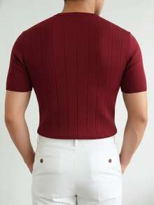 Suéter casual de punto acanalado de cuello redondo de manga corta de unicolor para hombres GRDR - Burdeos - Ver 5