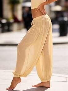 Womens Lantern Pants Casual Loose Fit Stylish Solid Color Drawstring Mid Rise Trousers - Yellow - View 2