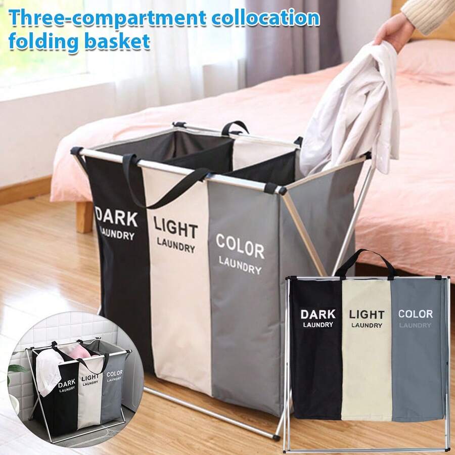 Cesto de ropa sucia grande de 75 l, 3 secciones, de aluminio, plegable, para ropa sucia, Oxford, bolsa de almacenamiento para clasificar ropa, color claro y oscuro - Imprimir - Ver 1