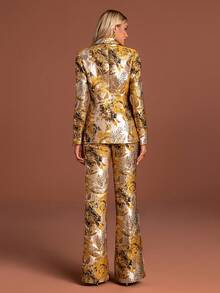 女式优雅花卉印花西装套装，配有领子西装外套和喇叭裤，无弹力面料，单扣细节 - 黃色 - 查看 3