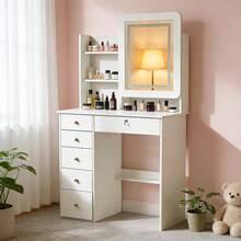 Compact Apartment Vanity Desk With Sliding Mirror - 6 Drawer Storage And Open Rack - Space-Saving Design Ideal For Small Bedrooms And Christmas Gifting - White - View 2