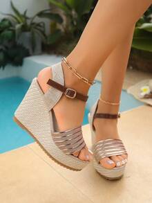 Women's Fashion Casual Wedge Sandals, Gold Ribbon Bohemian Woven Slides, Platform Thick Sole High Heel Shoes, Versatile Slip-On Commute & Party Footwear - Champagne - View 7