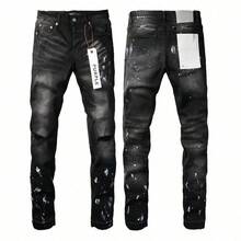 2026 Purple Men's Streetwear Paint Splatter Elastic Slim Leg Jeans - 灰色 - 查看 1