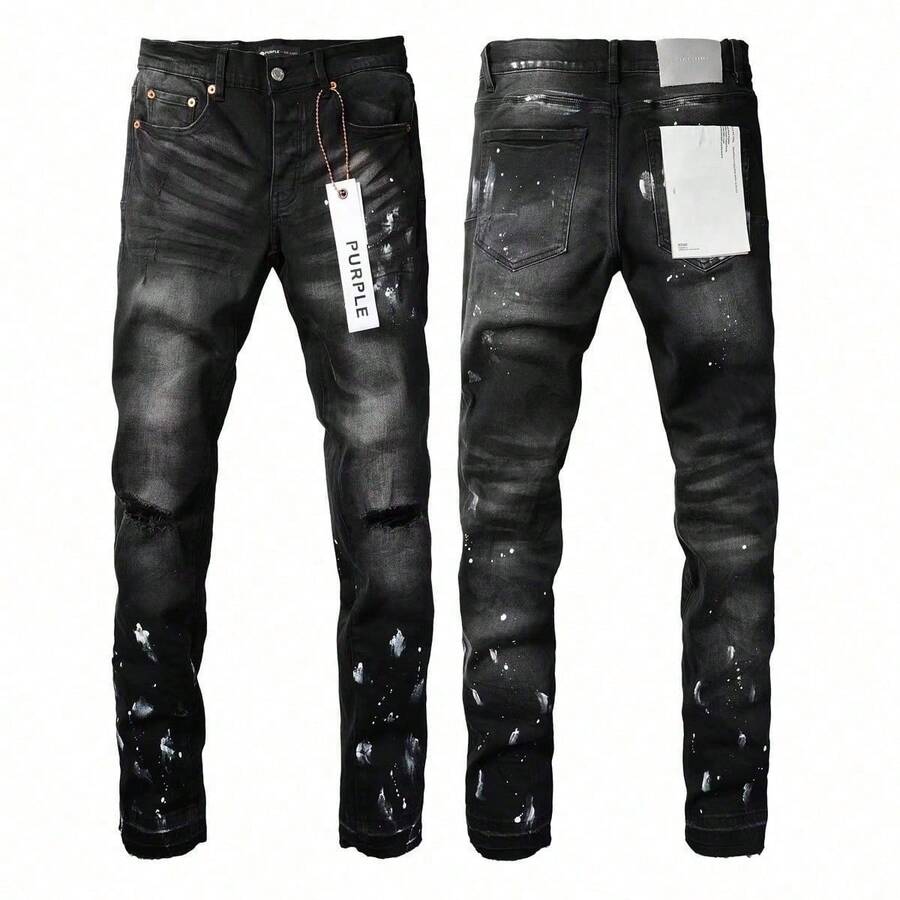 2026 Purple Men's Streetwear Paint Splatter Elastic Slim Leg Jeans - 灰色 - 查看 1