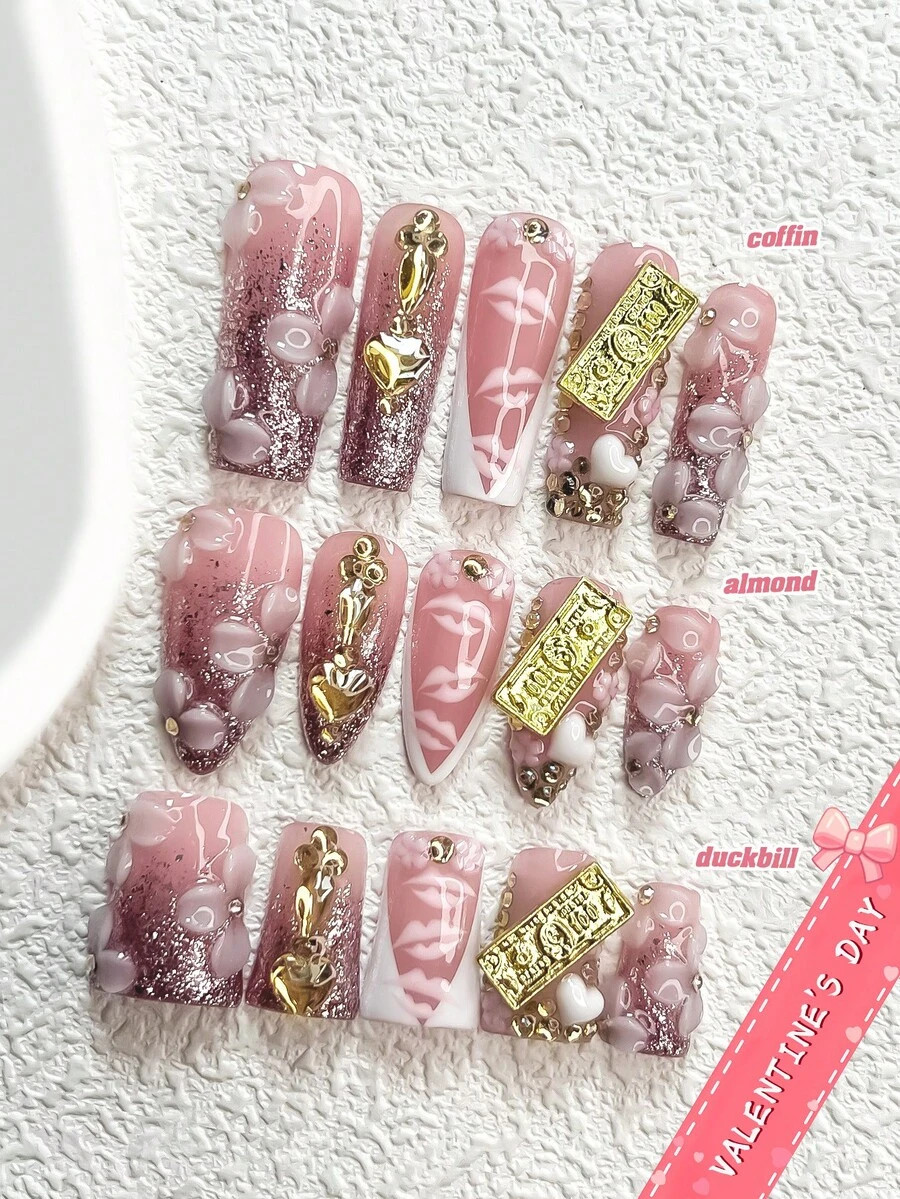 10Pcs French Manicure Style Handmade Press On Nail,Polygel Nail Set,3D Flowers,Champagne Sparkling Rhinestones Fake,Pink Nail Polish,Personality Style,Includes Nail Tools,3 Sizes Available,Almond,Duck,Coffin Nails For Party,Dance,Daily Wear. - 彩色 - 查看 1