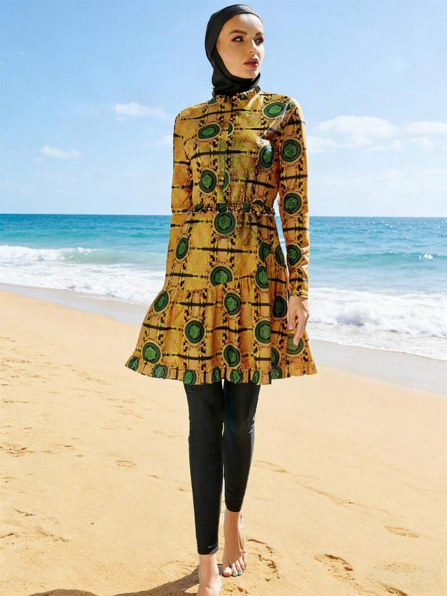 Stylish Women's Round Neck Burkini Swimwear Featuring Zipper And High Waist Bottom, Crafted From High Stretch Fabric With Unique Pattern - Yellow - View 1