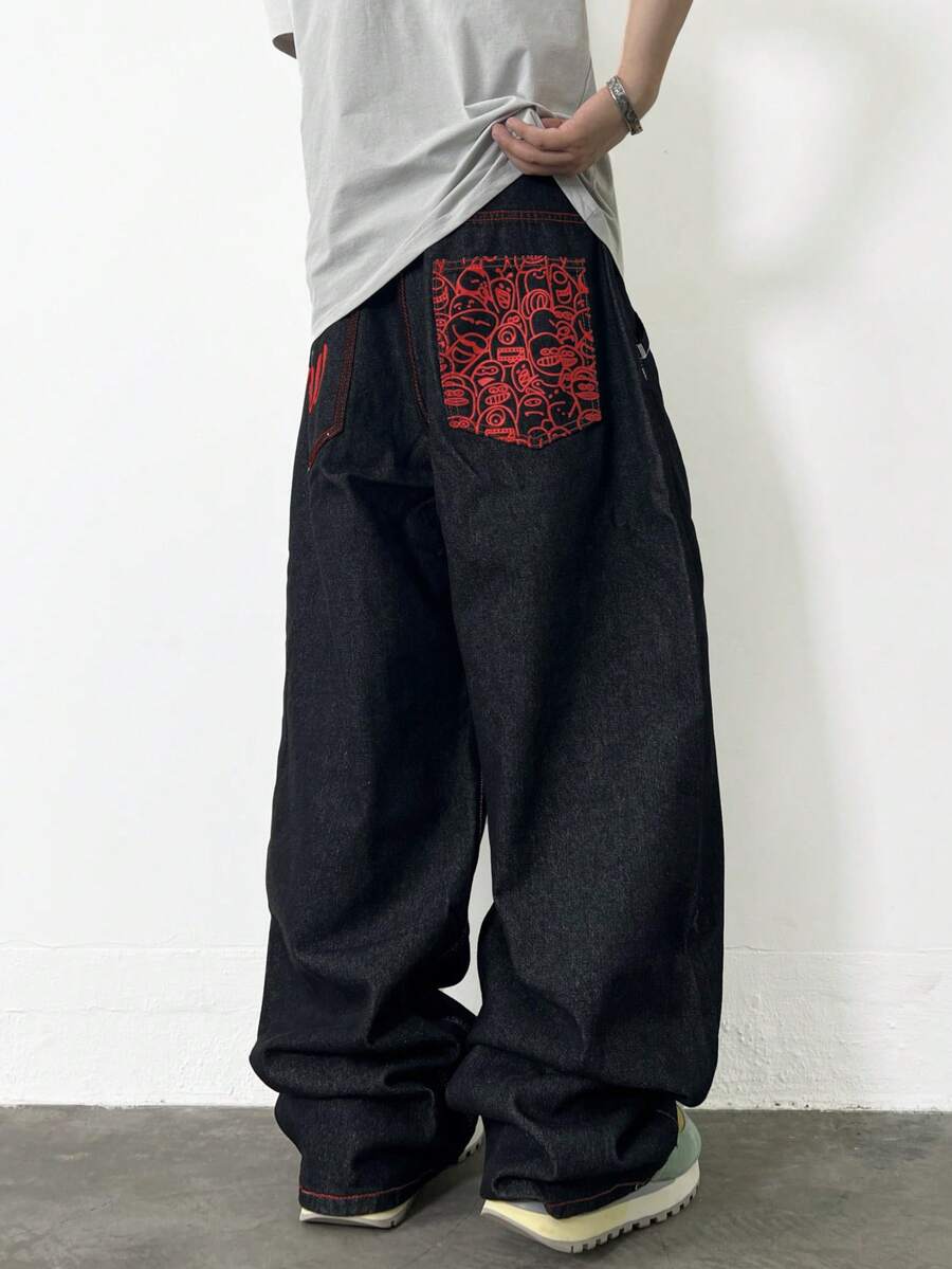 1件 Justice Brother 个性化印花撞色缝线舒适休闲男士宽松直筒牛仔裤，四季皆宜（不含腰带/配饰） - 黑色 - 查看 1